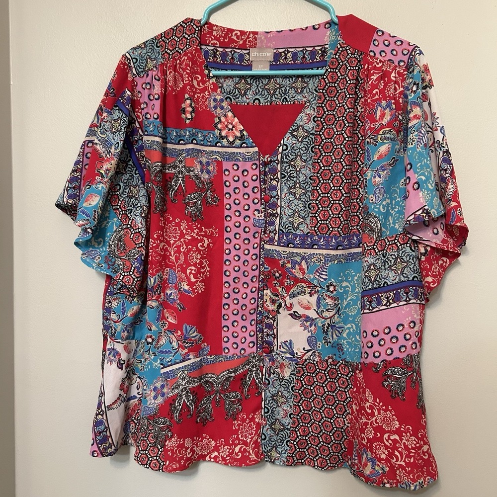 Chicos Blouse Multicolor Patchwork Boho Floral Button Down Top Size 3P 16/18